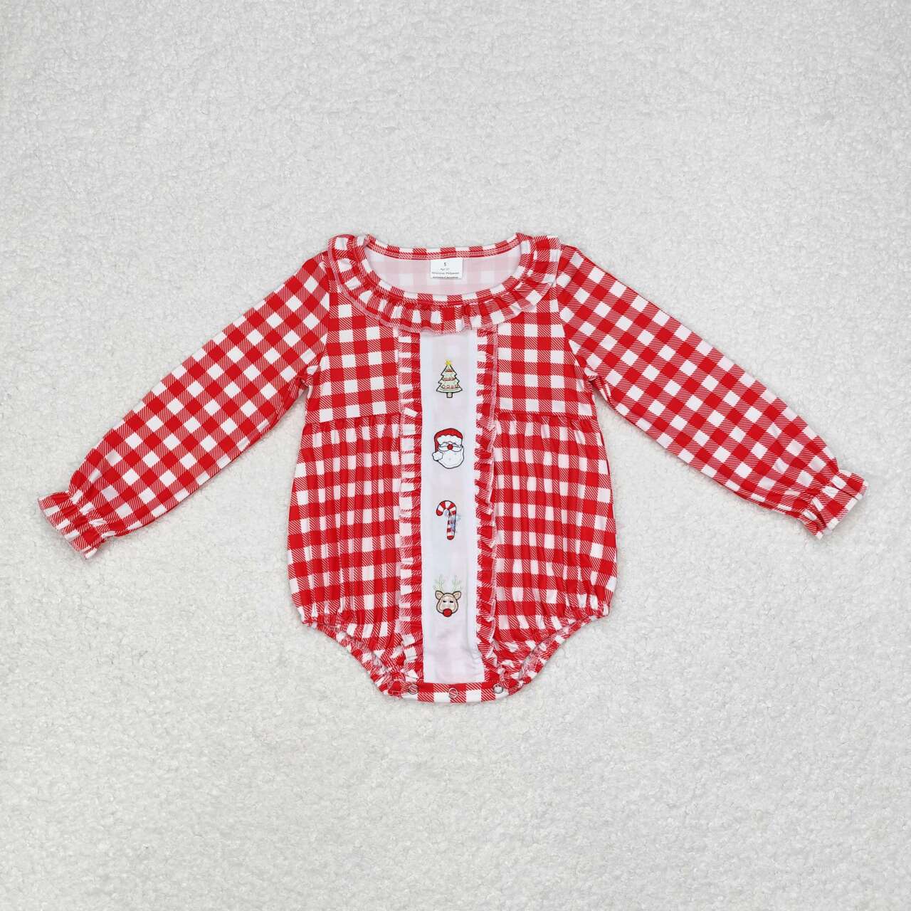 LR1302 Tree Santa Candy Cane Deer Embroidery Red Checkered Print Baby Girls Christmas Romper