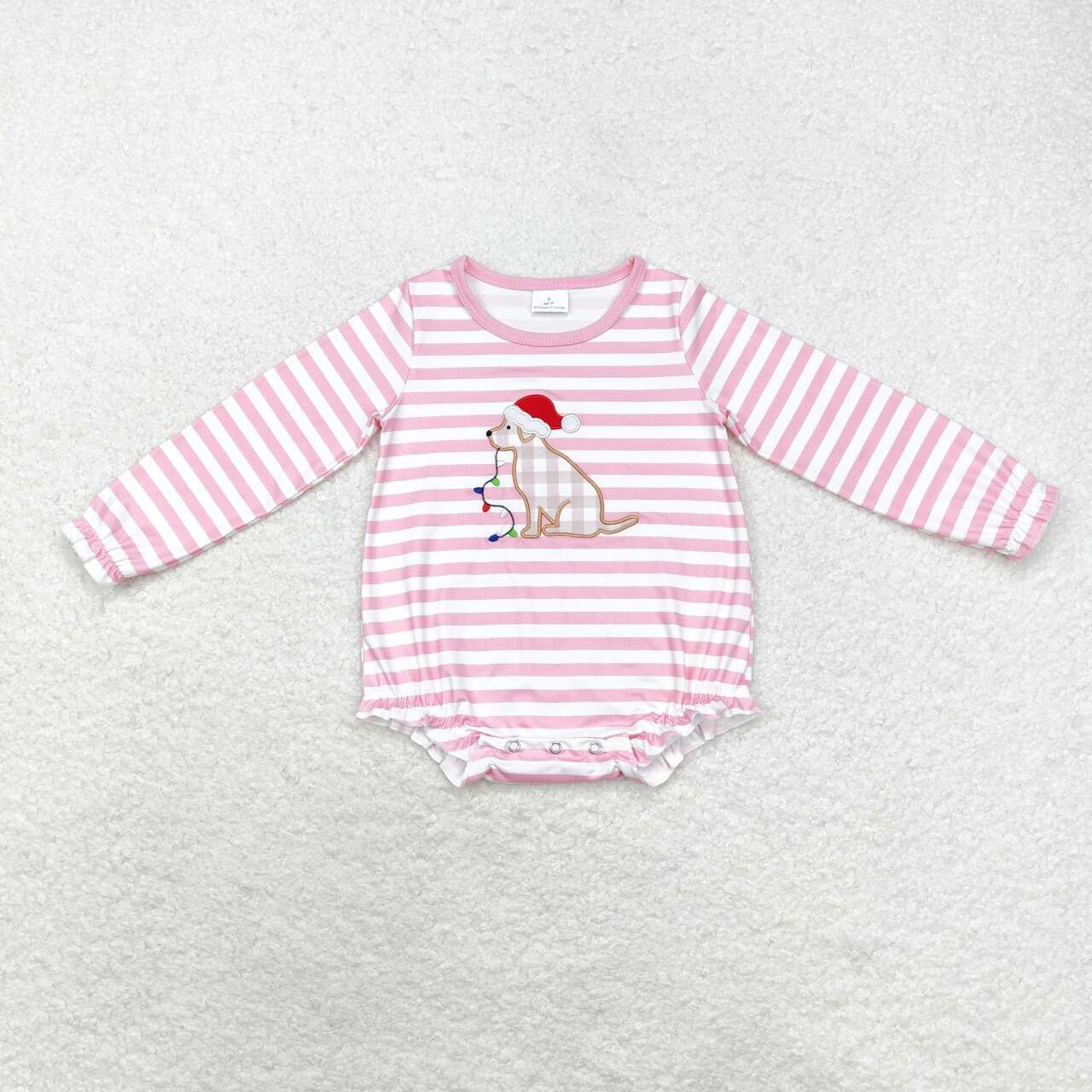 LR1306 Dog Embroidery Pink Stripes Print Baby Girls Christmas Romper