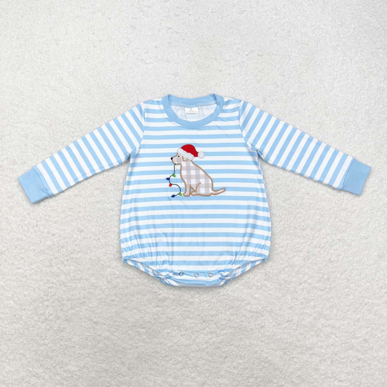 LR1307 Dog Embroidery Blue Stripes Print Baby Boys Christmas Romper