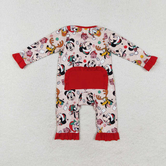 LR1334 Cartoon Mouse Milk Print Baby Girls Christmas Zipper Sleeper Romper