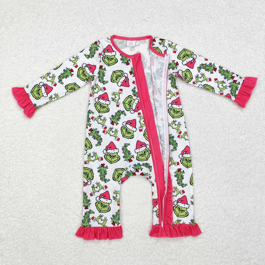 LR1337 Green Frog Smiling Print Baby Girls Christmas Bamboo Zipper Sleeper Romper