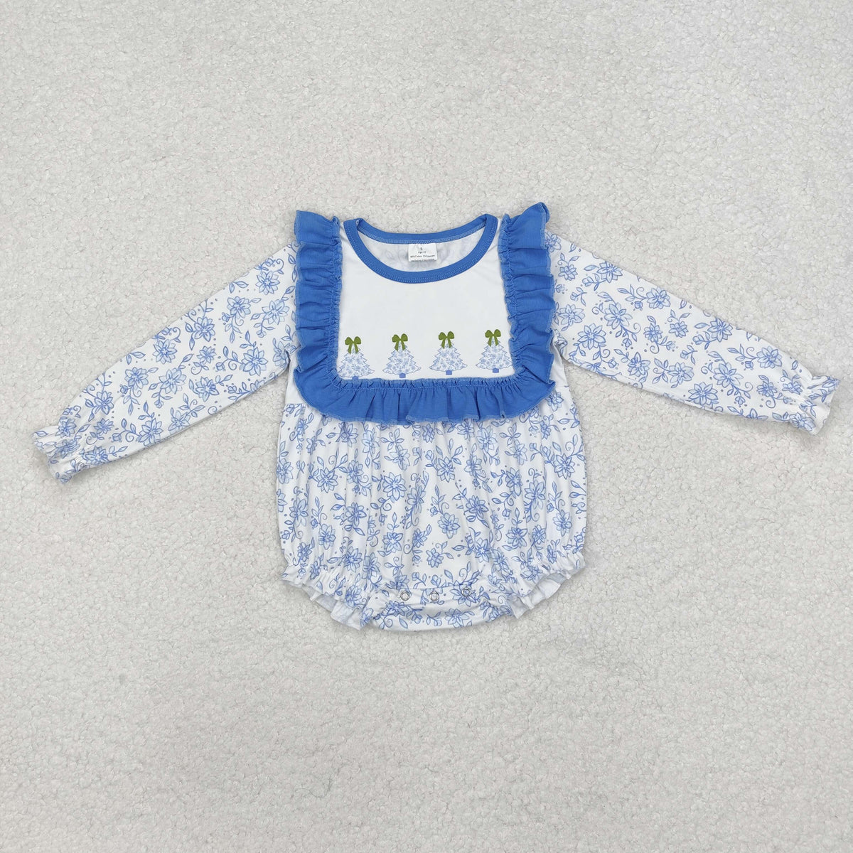 LR1374 Tree Bows Blue Flowers Print Baby Girls Christmas Romper