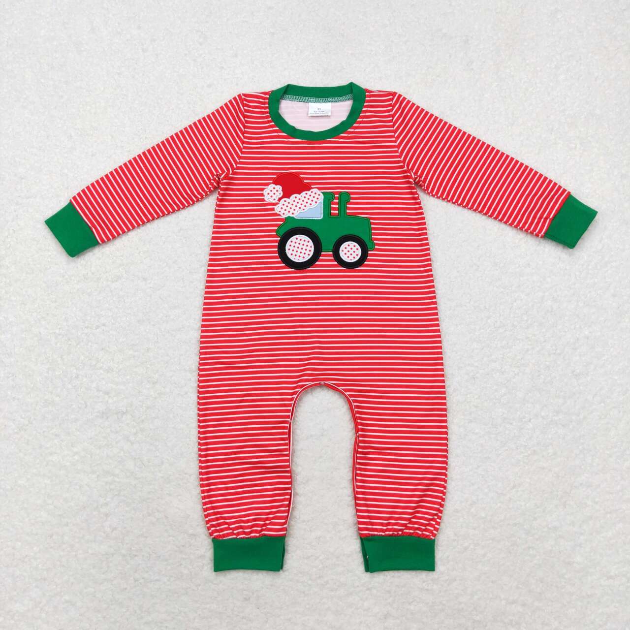 LR1401 Tractor Embroidery Red Stripes Print Baby Boys Christmas Romper