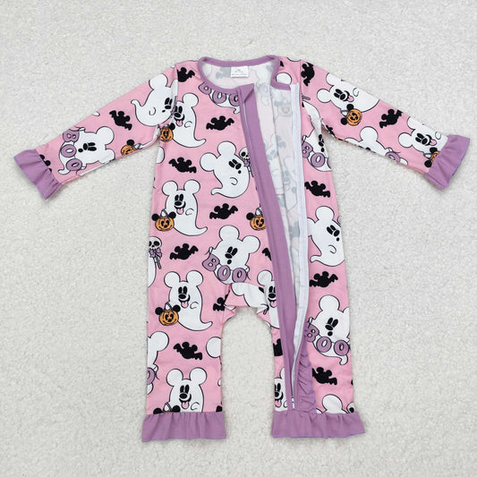 LR1424 Cartoon Mouse Bat Purple Print Baby Girls Halloween Zipper Sleeper Romper