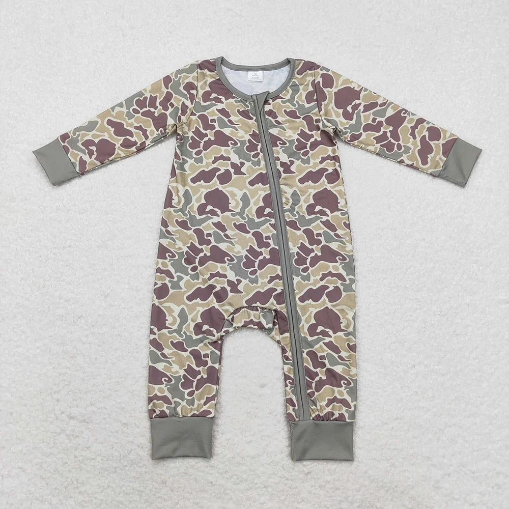 Sibling Baby Boys Hunting Green Camo Long Sleeve Pajama Set and Zipper Romper
