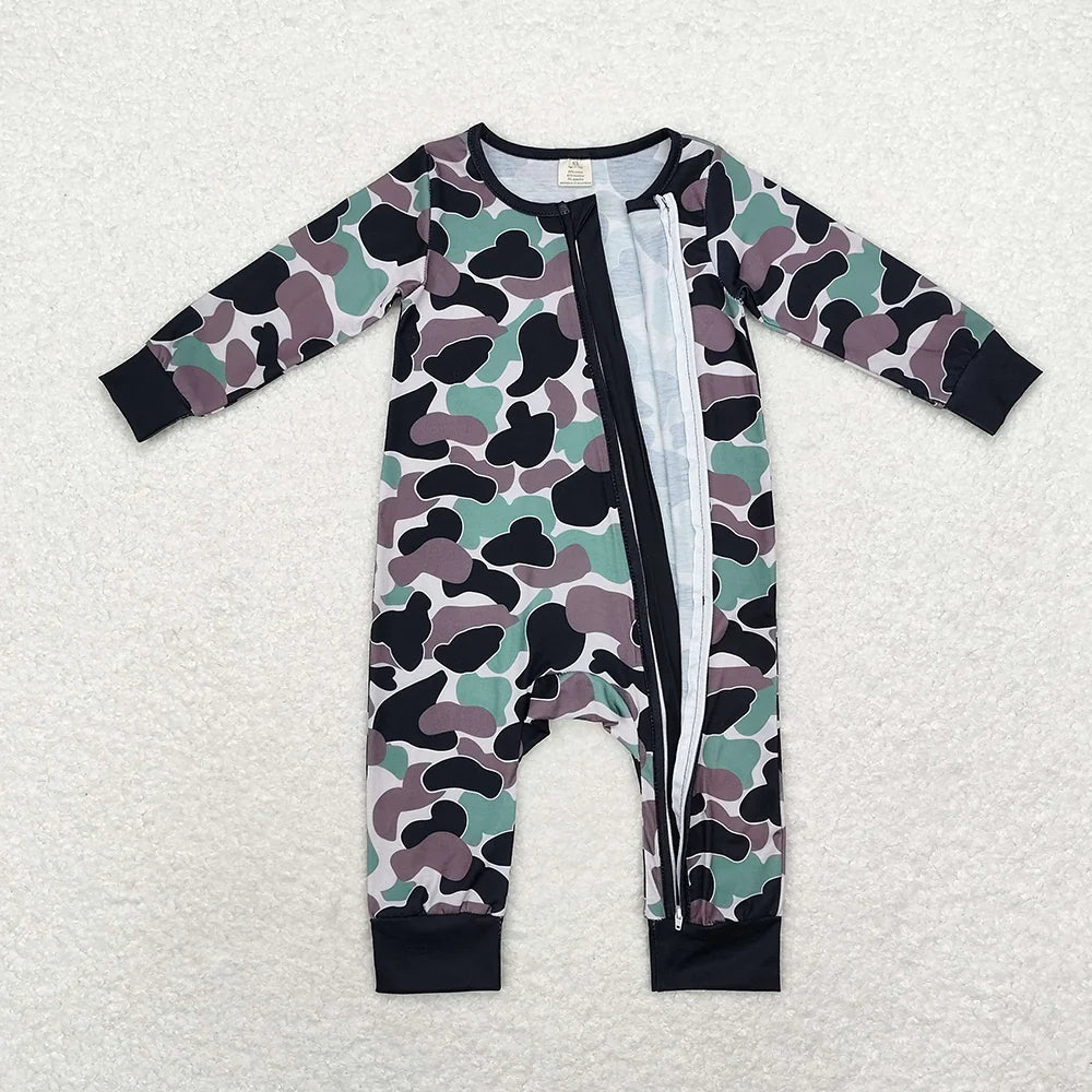 LR1460 Baby Boys Green Black Camo Long Sleeve Zipper Romper