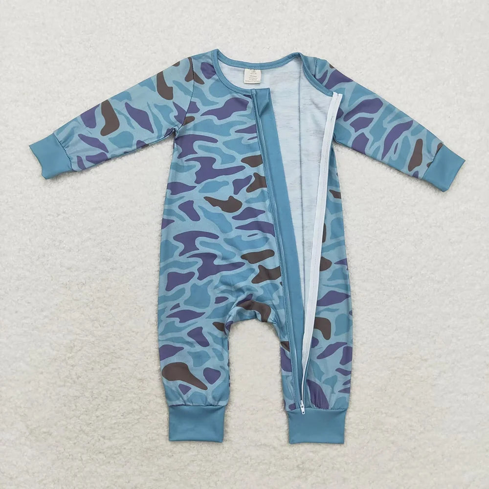 LR1462 Baby Boys Blue Camo Long Sleeve Zipper Romper