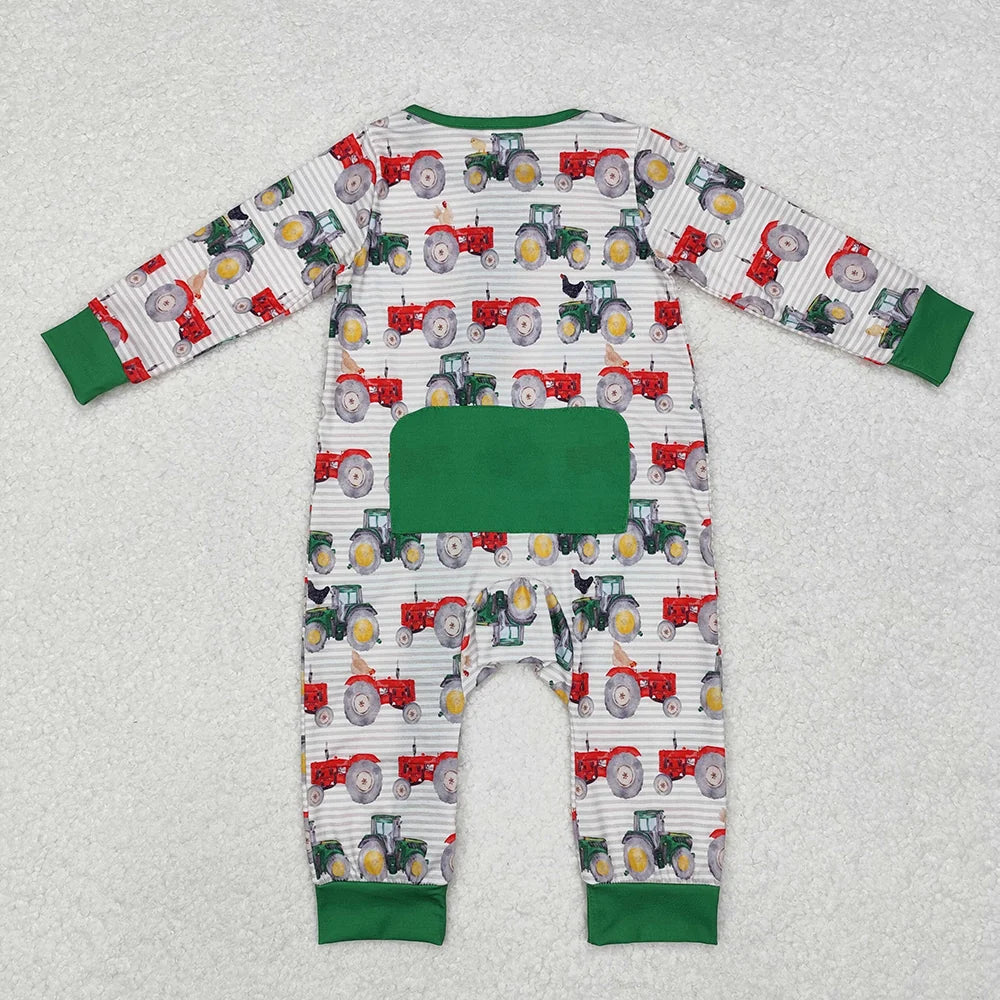 LR1480 Baby Boys Farm Tractoers Long Sleeve Zipper Romper
