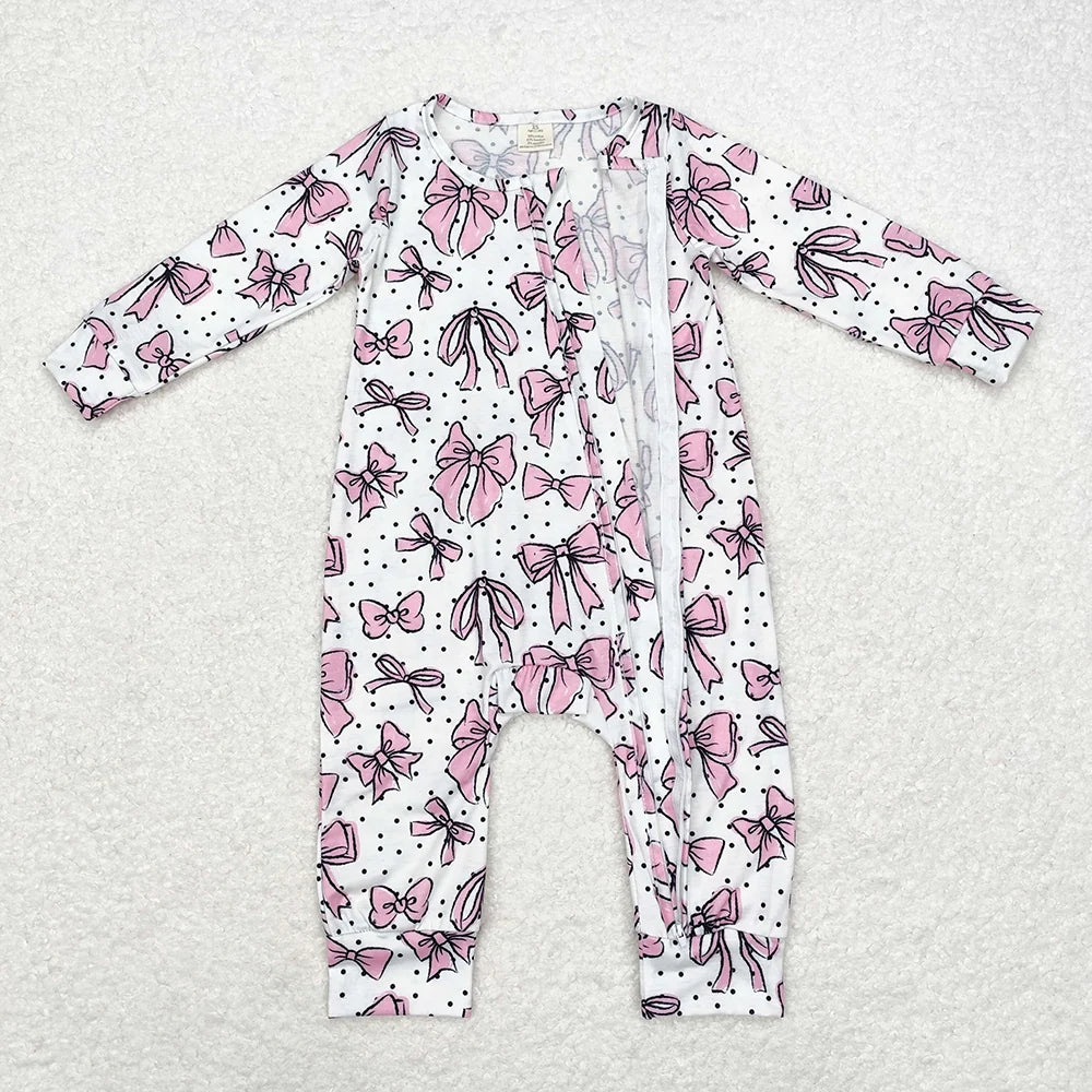 LR1512 Baby Girls Pink Bow long Sleeve Zipper Romper