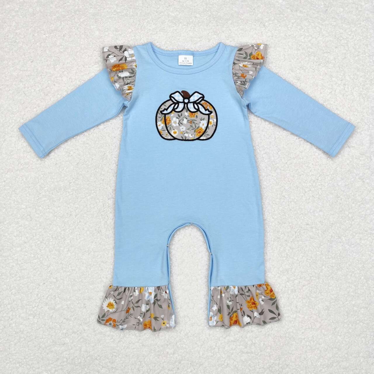 LR1529 Pumpkin Embroidery Blue Baby Girls Fall Ruffle Romper
