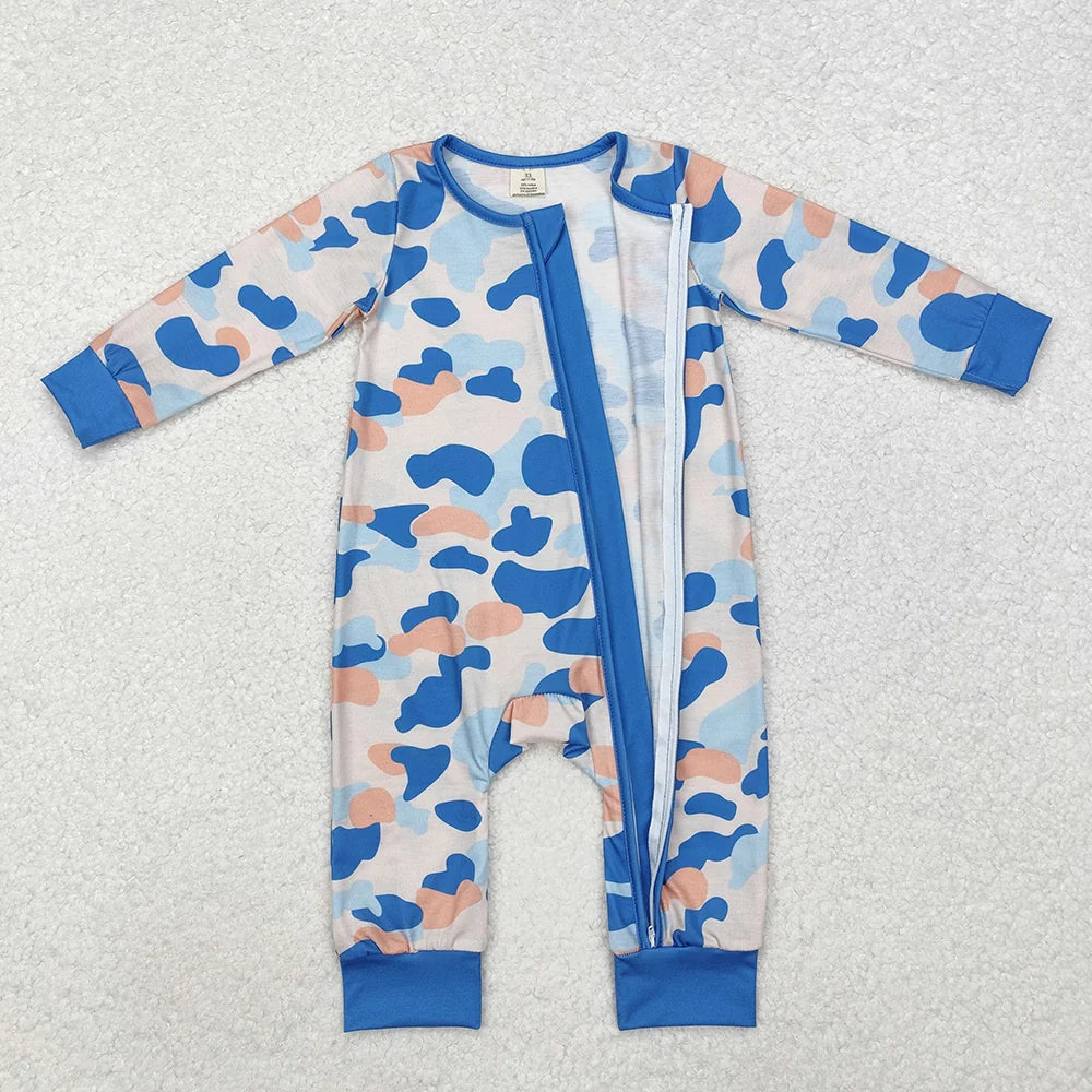 LR1574 Baby Boys Blue Camo Long Sleeve Zipper Romper