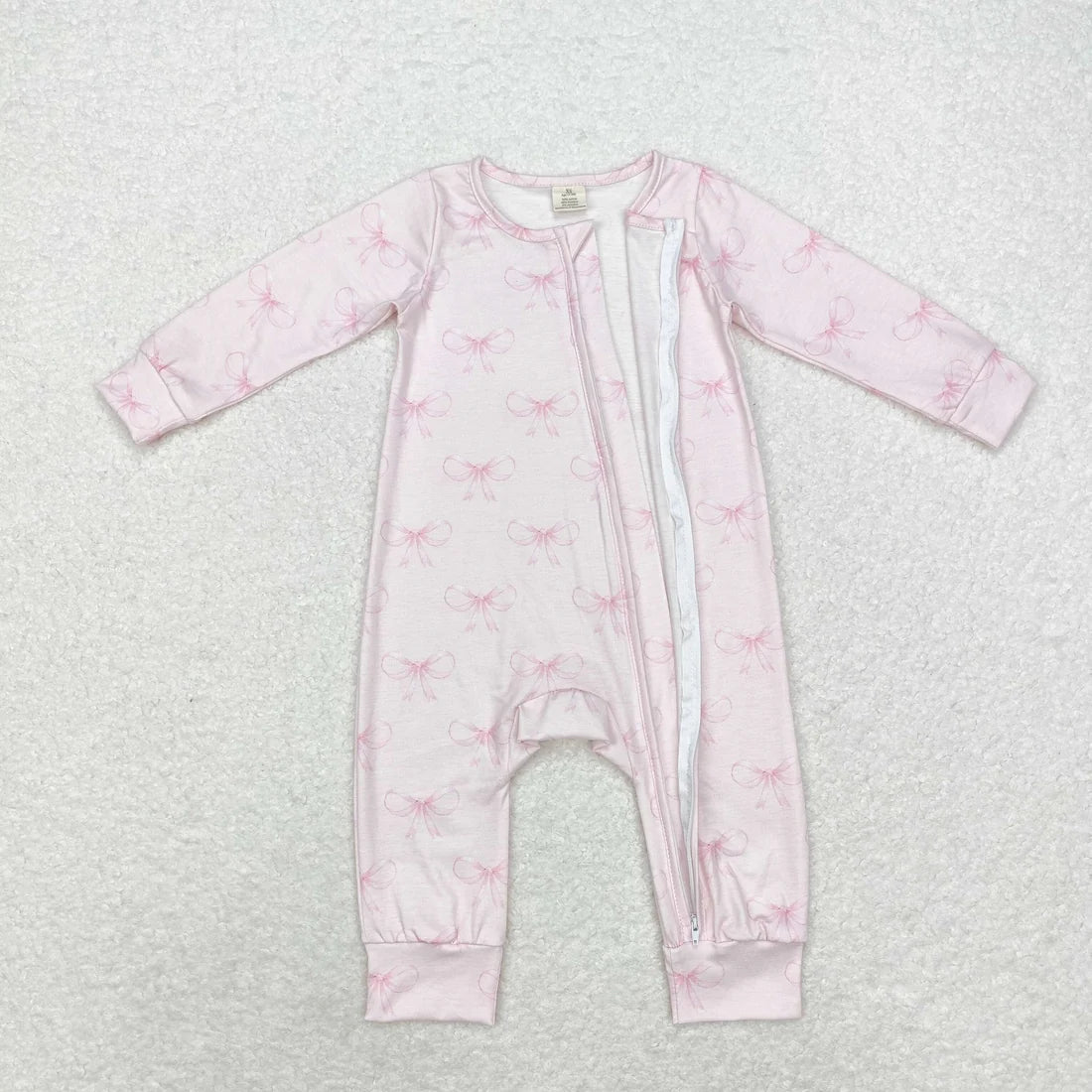 LR1579 Baby Girls Pink Bows Long Sleeve Zipper Romper