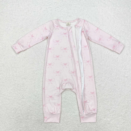 LR1579 Baby Girls Pink Bows Long Sleeve Zipper Romper