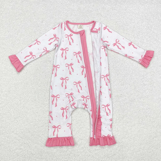 LR1584 Baby Girls Pink Bows Ruffle Zipper Long Sleeve Romper