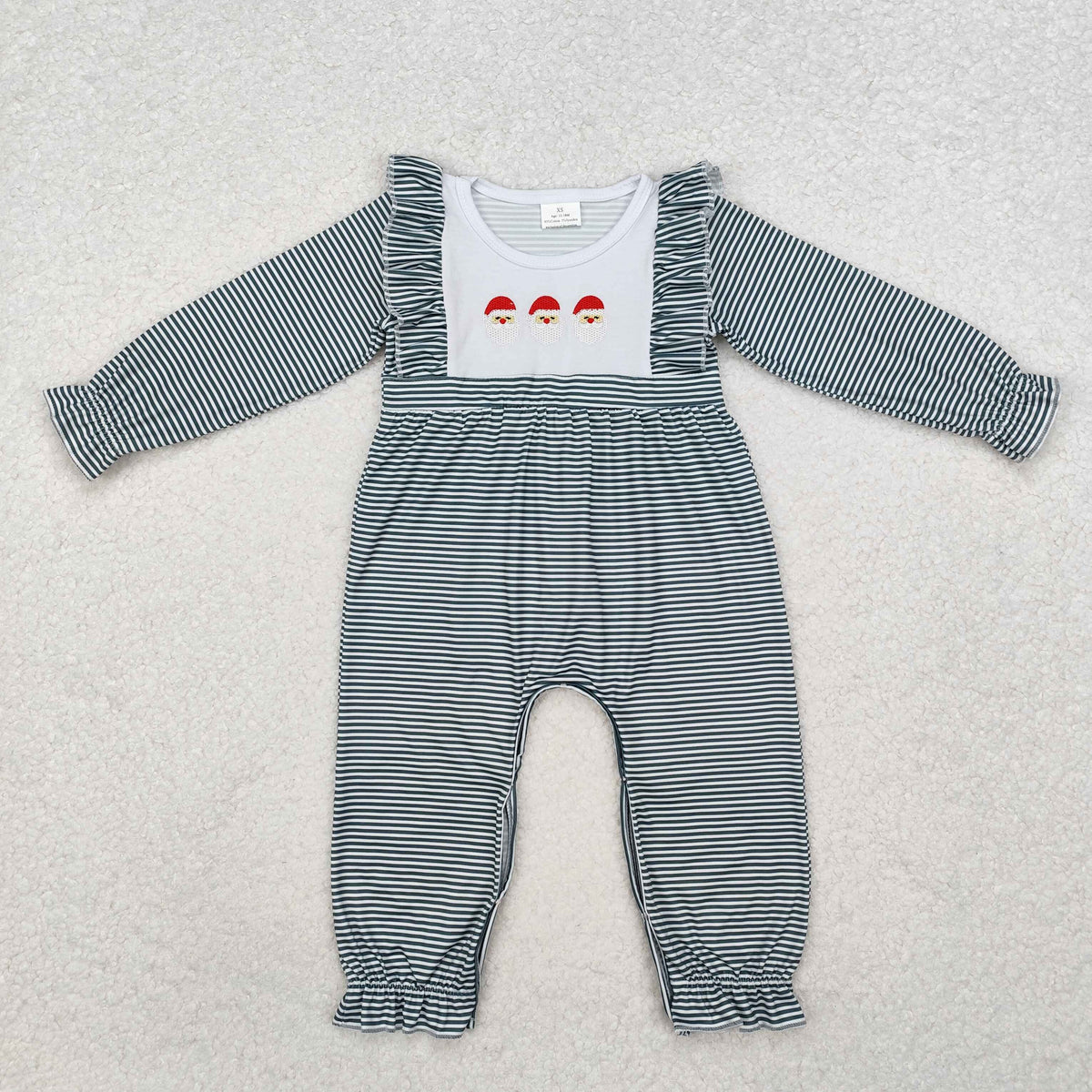LR1586 Santa Embroidery Stripes Print Baby Girls Christmas Ruffle Romper