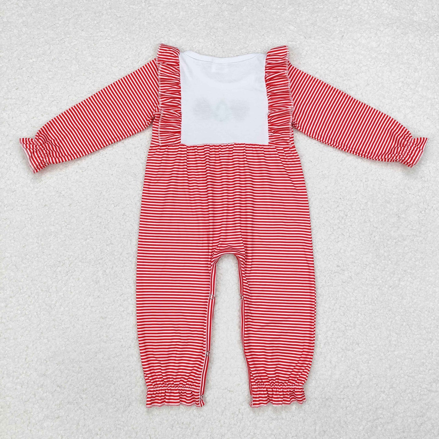 LR1588 Deer Tree Santa Embroidery Stripes Print Baby Girls Christmas Ruffle Romper