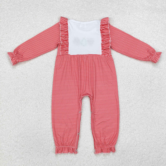 LR1588 Deer Tree Santa Embroidery Stripes Print Baby Girls Christmas Ruffle Romper