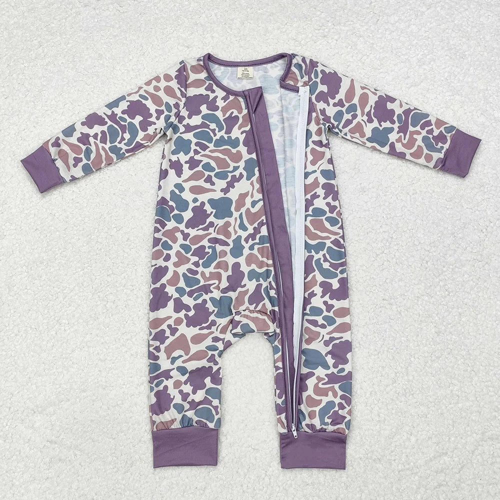 LR1604 Baby Boys Purple Green Camo Long Sleeve Zipper Romper