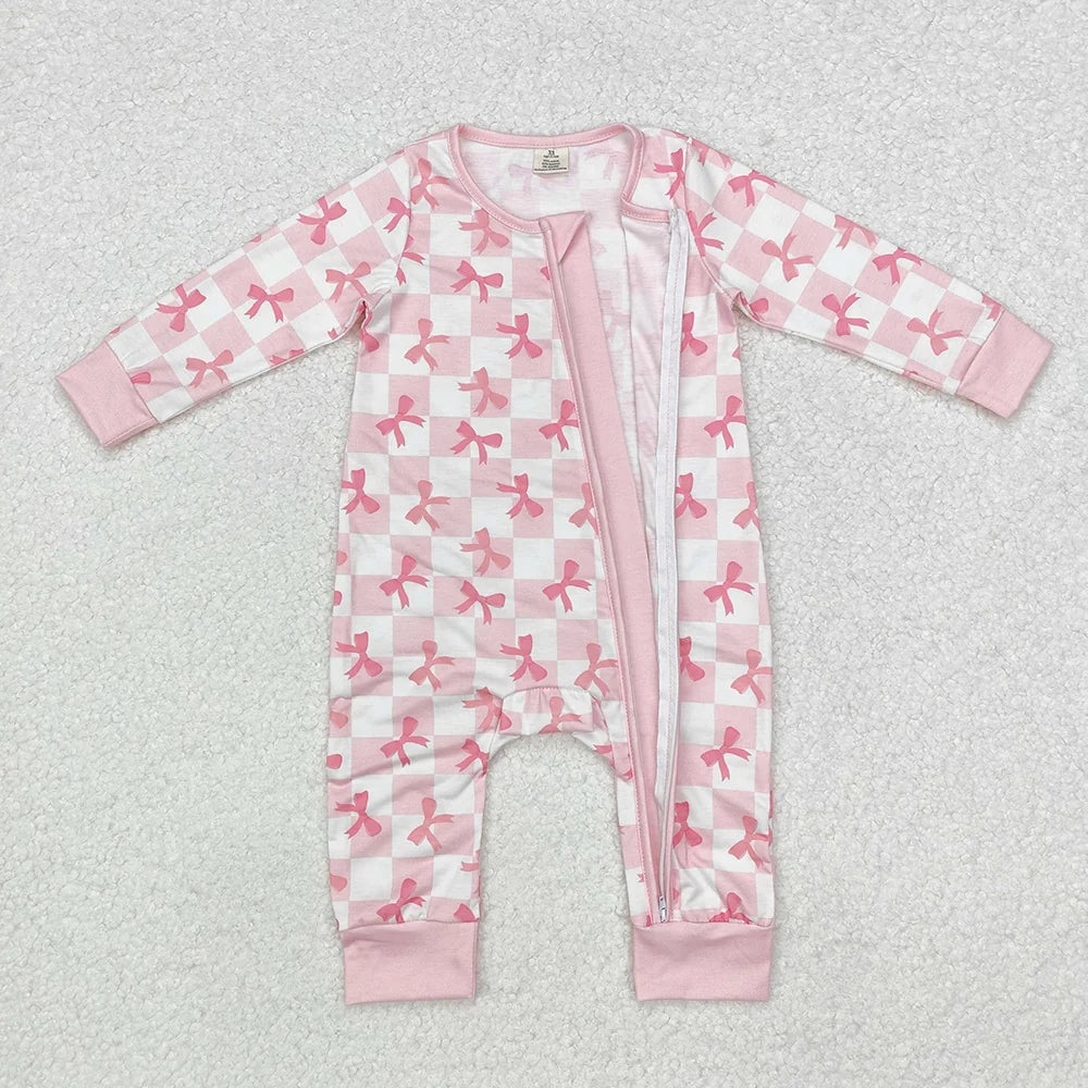 LR1607 Baby Girls Pink Bow Checked Long Sleeve Zipper Romper