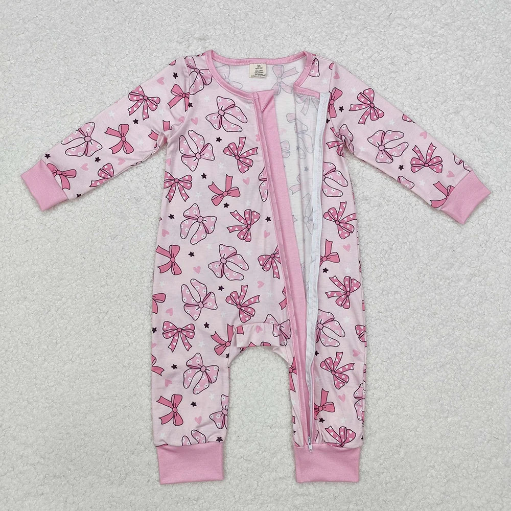 LR1608 Baby Girls Polka Dot Bow Long Sleeve Zipper Romper