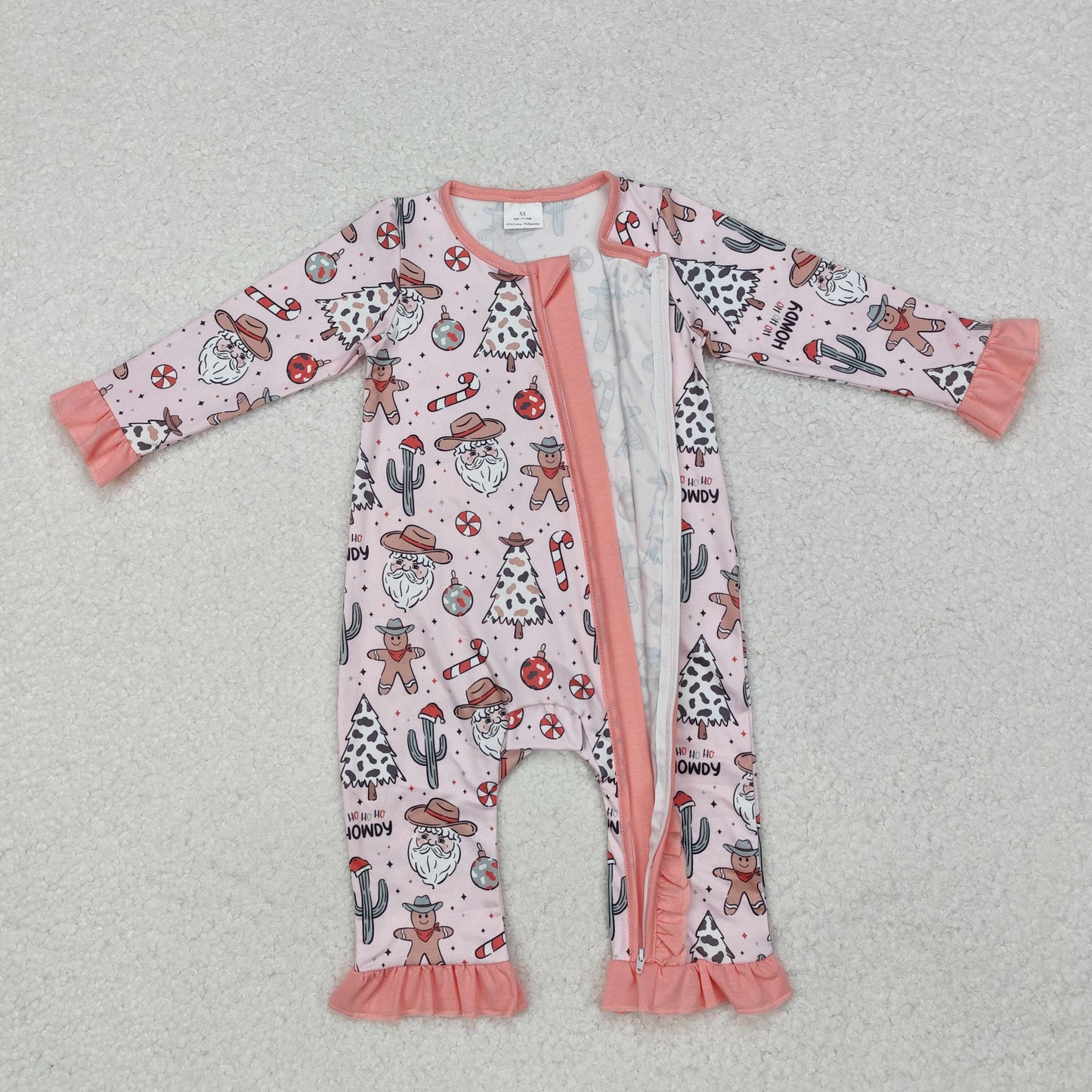 LR1675 Gingerbread Santa Candy Cane Print Baby Girls Christmas Zipper Sleeper Romper