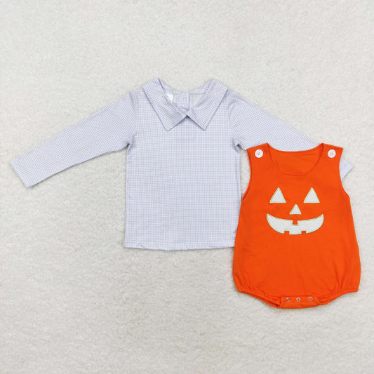 LR1704 Checkered Top Smiling Face Embroidery Orange Romper Baby Boys Halloween Clothes Set