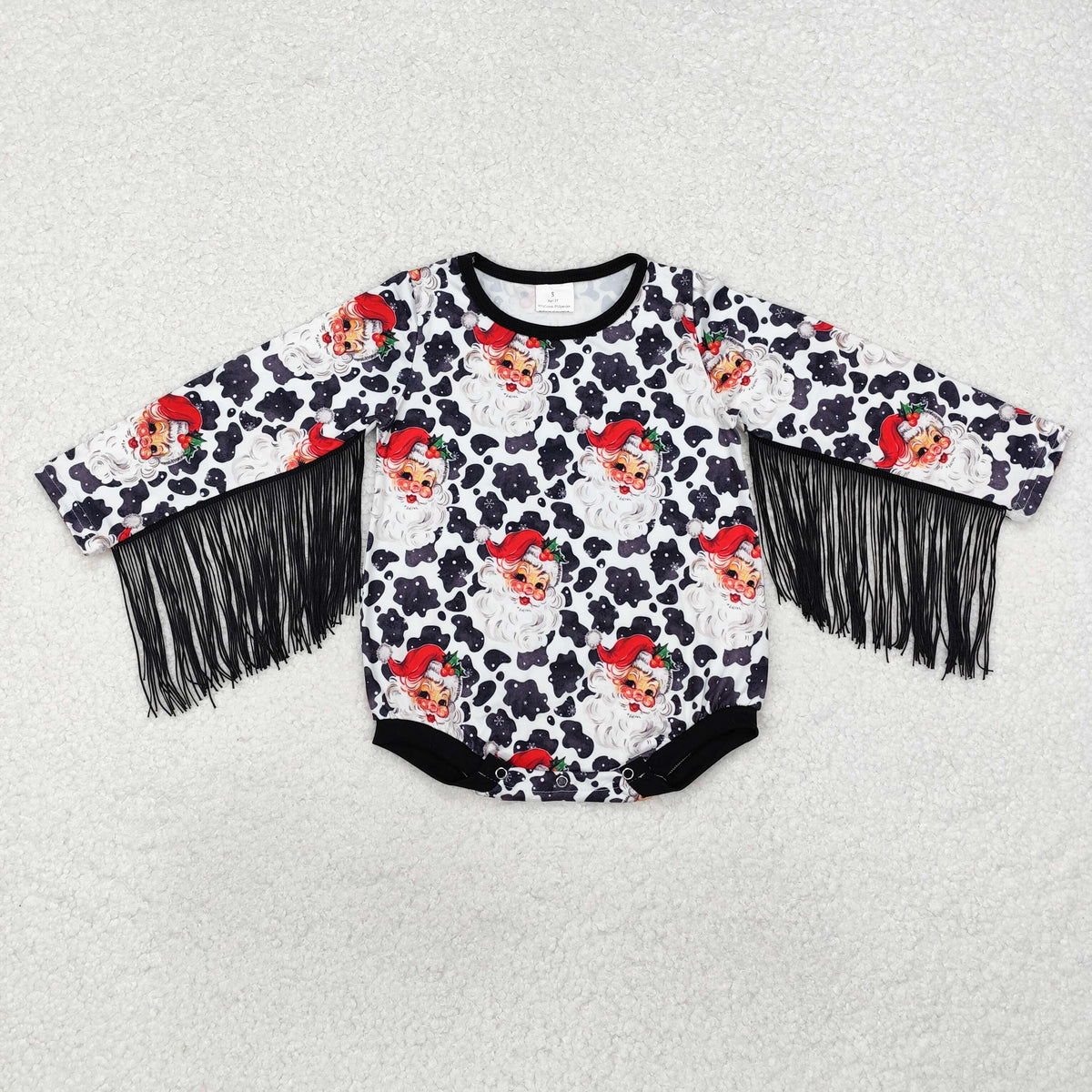 LR1827 Santa Cowhide Print Baby Girls Christmas Tassel Romper