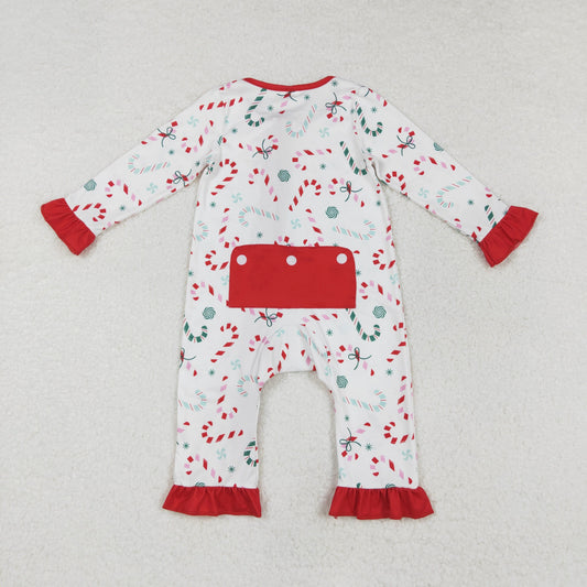LR1842 Candy Cane Bows Print Baby Girls Christmas Zipper Sleeper Romper