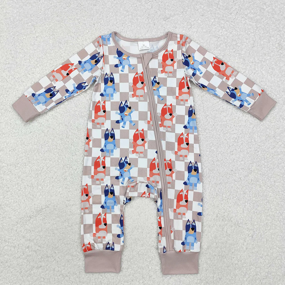 Sibling Baby Kids Dog Checkered Rompers Shirt Pants Pajamas