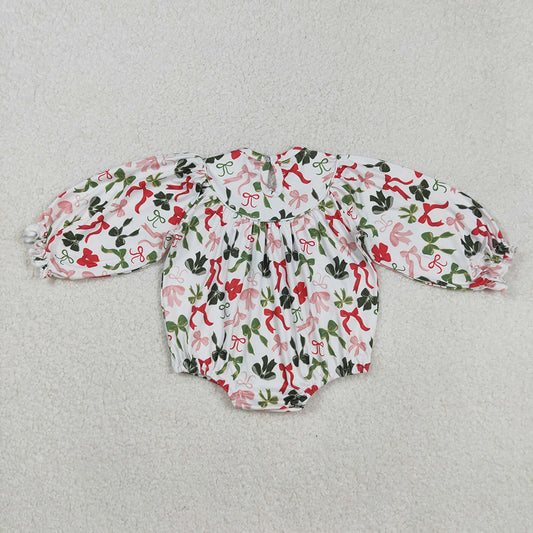 LR2185 Red Green Bows Embroidery Baby Girls Christmas Bubble Romper