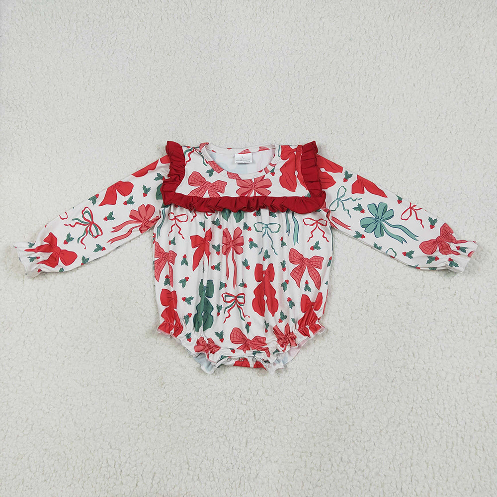 LR2209 Red Green Bows Holly Print Baby Girls Christmas Ruffle Romper