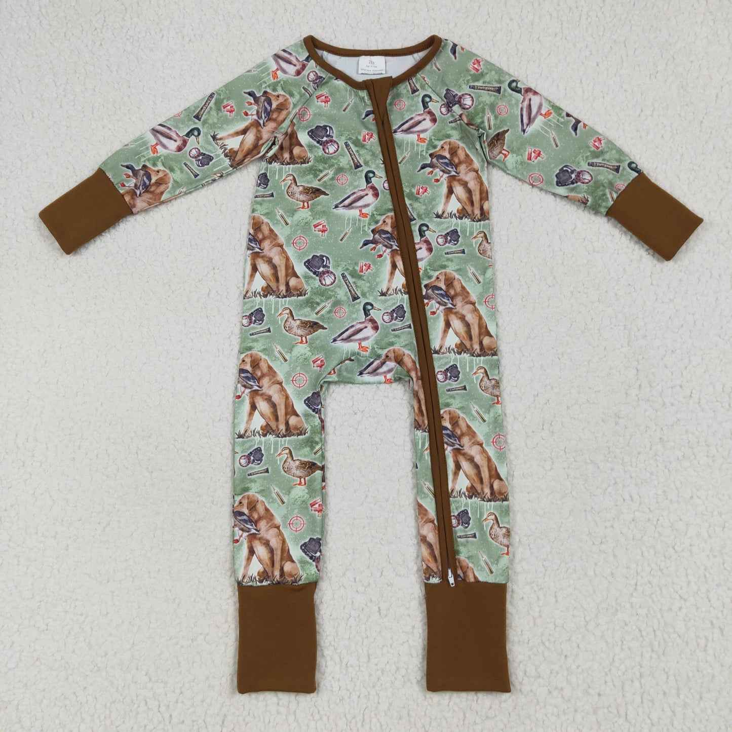 Sibling Baby Boys Green Dogs Ducks Hunting Rompers Pajamas Sets