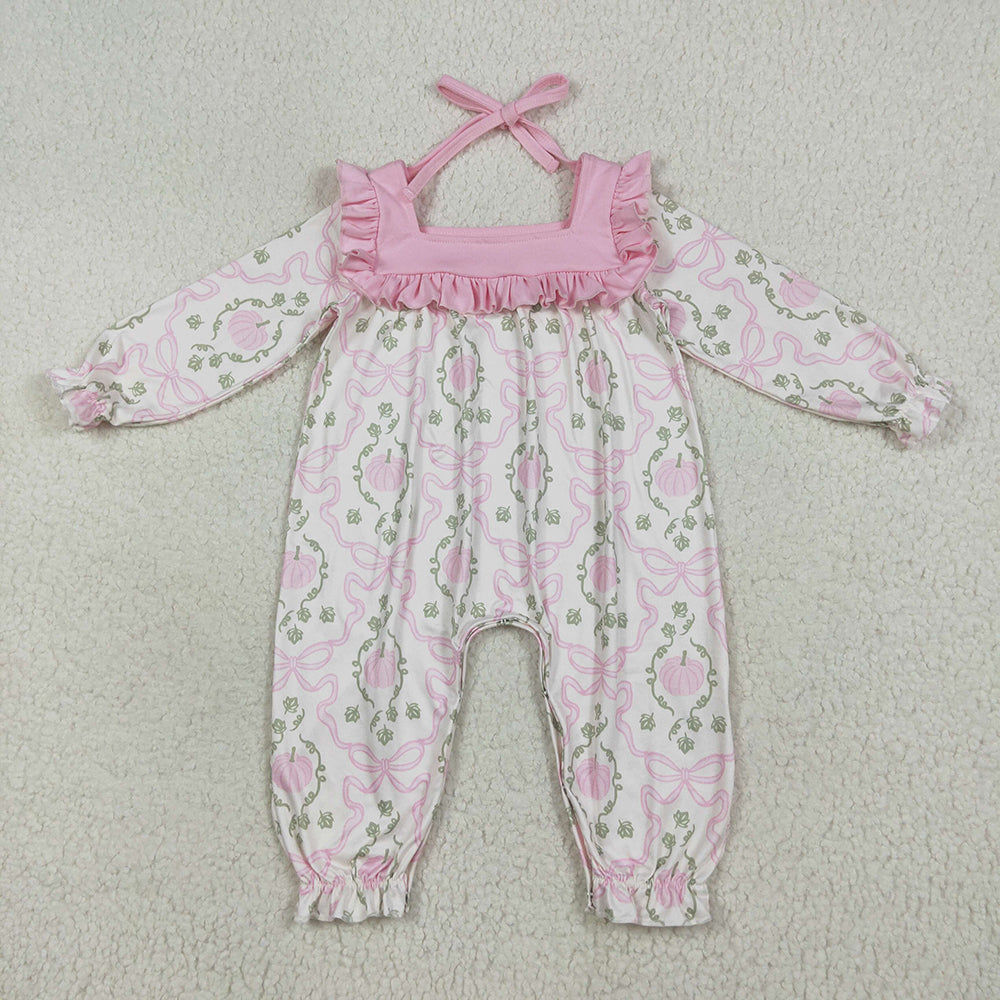 LR2255 Pumpkin Bows Print Baby Girls Fall Romper