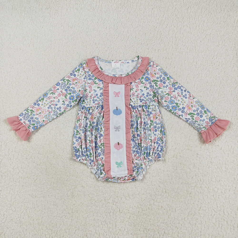 LR2273 Pumpkin Bows Embroidery Flowers Baby Girls Fall Romper