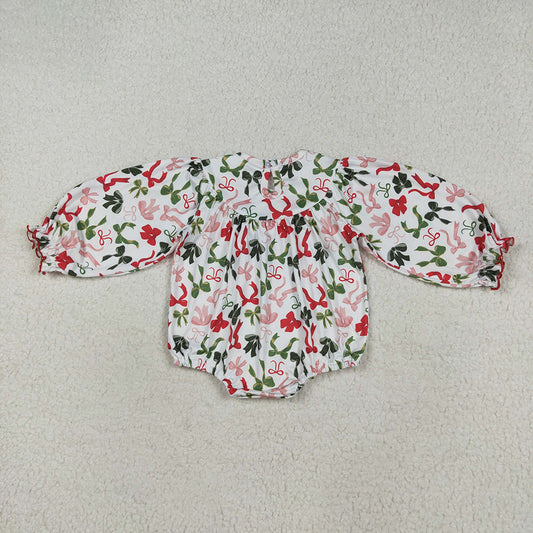 LR2276 Merry Christmas Embroidery Red Green Bows Baby Girls Christmas Bubble Romper