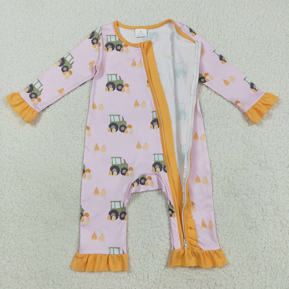 LR2336 Pumpkin Tractor Pink Print Baby Girls Fall Zipper Sleeper Romper