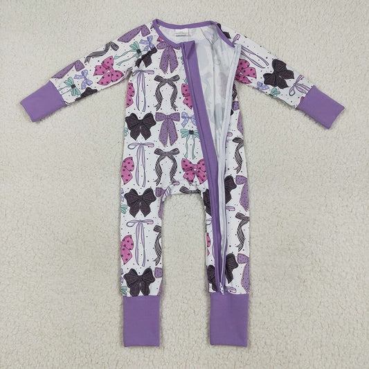 LR2358 Bows Purple Baby Girls Halloween Zipper Sleeper Romper