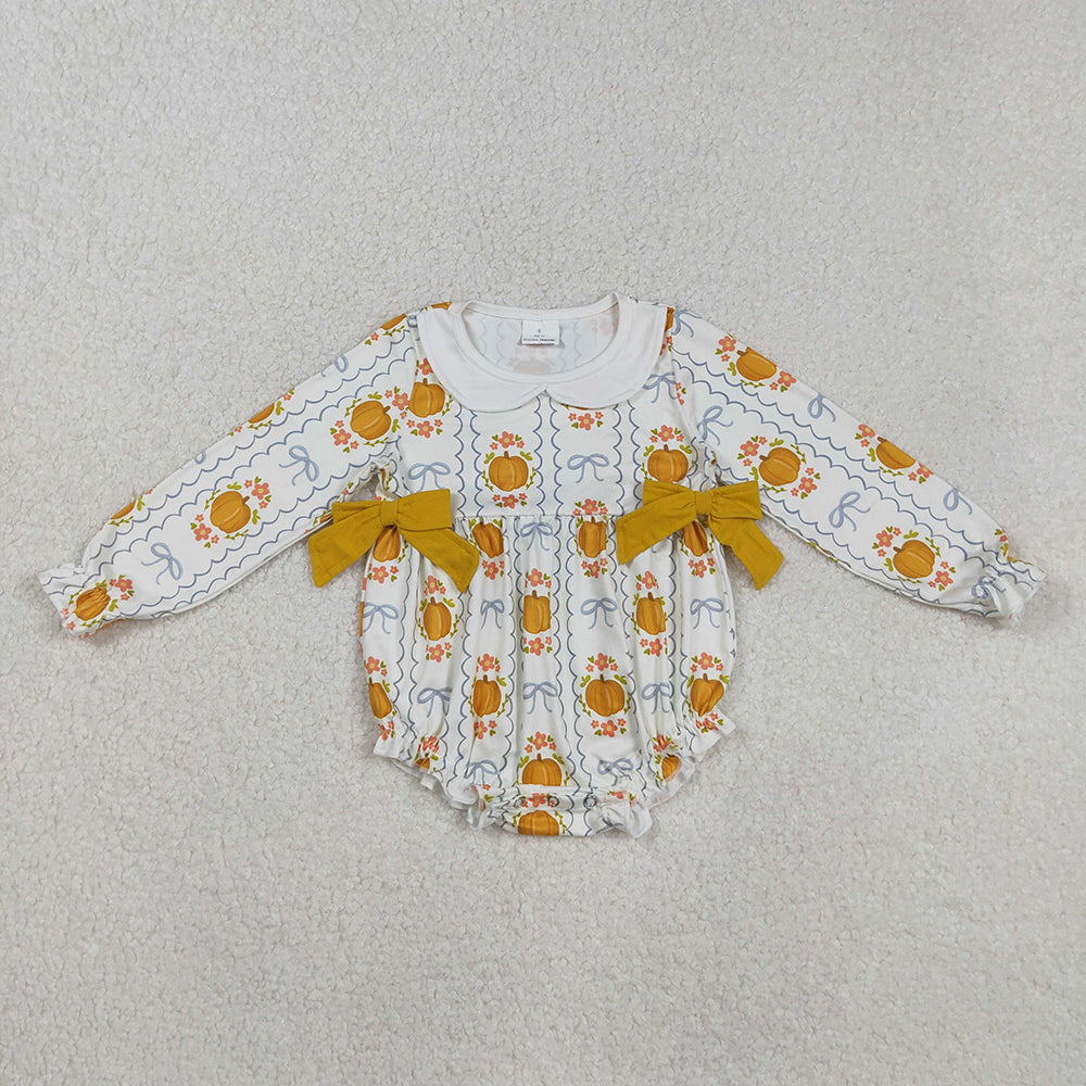 LR2389 Pumpkin Flowers Bows Print Baby Girls Fall Romper