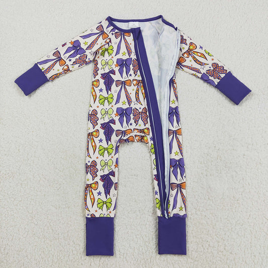 LR2403 Bows Stars Purple Print Baby Girls Halloween Zipper Sleeper Romper