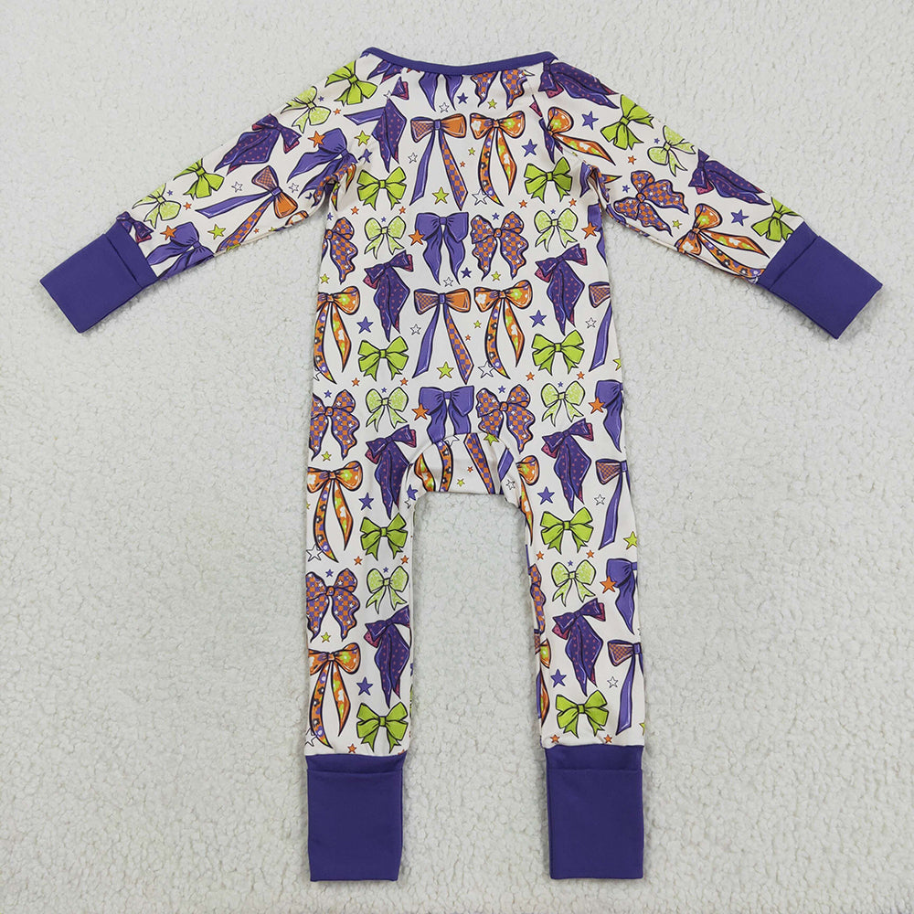 LR2403 Bows Stars Purple Print Baby Girls Halloween Zipper Sleeper Romper
