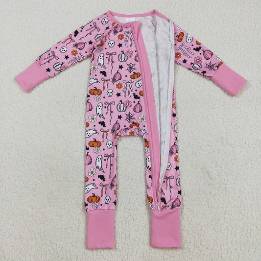 LR2405 Pumpkin Ghost Flowers Bows Pink Print Baby Girls Halloween Zipper Sleeper Romper