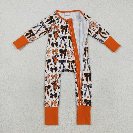 LR2409 Bows Stars Orange Print Baby Girls Halloween Zipper Sleeper Romper