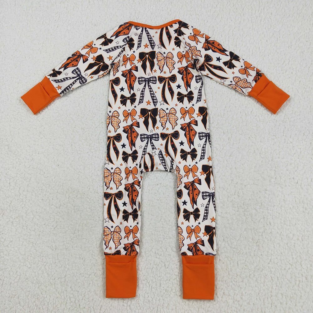 LR2409 Bows Stars Orange Print Baby Girls Halloween Zipper Sleeper Romper
