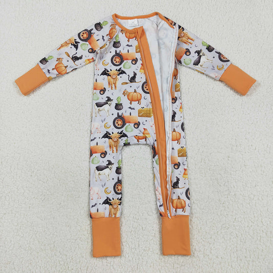 LR2444 Pumpkin Farm Animals Baby Boys Halloween Zipper Sleeper Romper