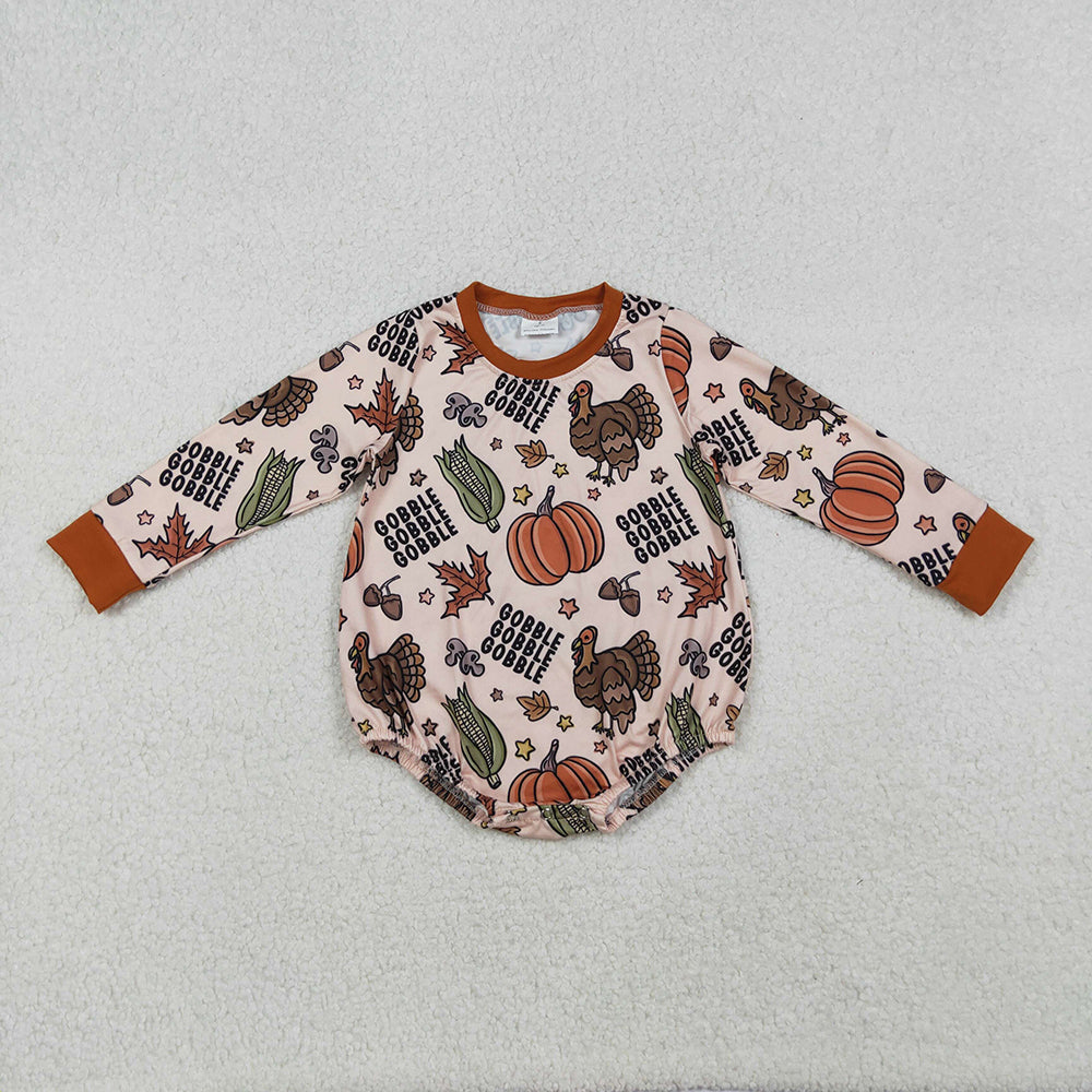 LR2447 Turkey Pumpkin Gobble Print Baby Girls Thanksgiving Romper