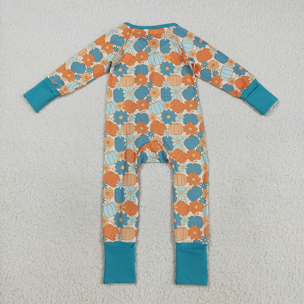 LR2461 Pumpkin Flowers Print Baby Girls Fall Zipper Sleeper Romper