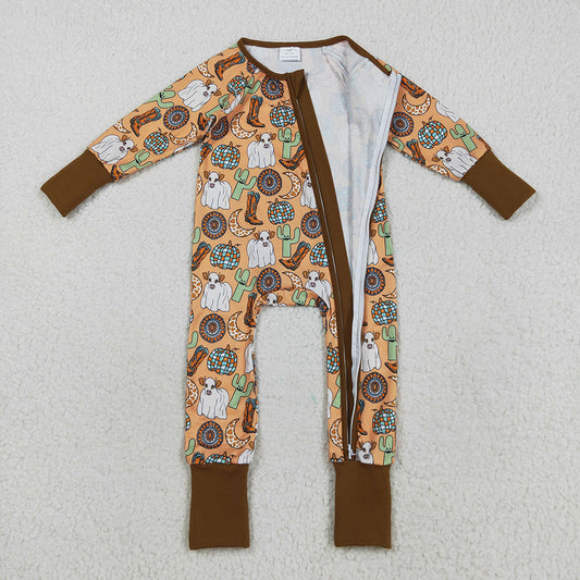 LR2463 Highland Cow Cactus Boots Print Baby Halloween Zipper Sleeper Romper