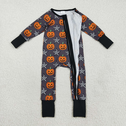LR2464 Pumpkin Stars Print Baby Boys Halloween Zipper Sleeper Romper