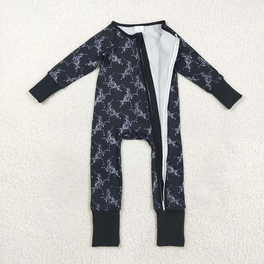 LR2466 Skull Black Print Baby Boys Halloween Zipper Sleeper Romper