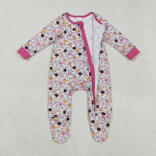 LR2506 Pumpkin Ghost Print Baby Girls Halloween Zipper Sleeper Romper